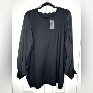 NWT - Cable & Gauge Black Scalloped Neck Blouse w/Sheer Sleeves - 1x Plus